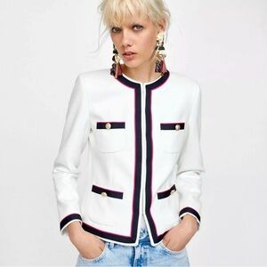 Zara Basic Women Contrast White Blazer With Navy & Pink Trim SZ M